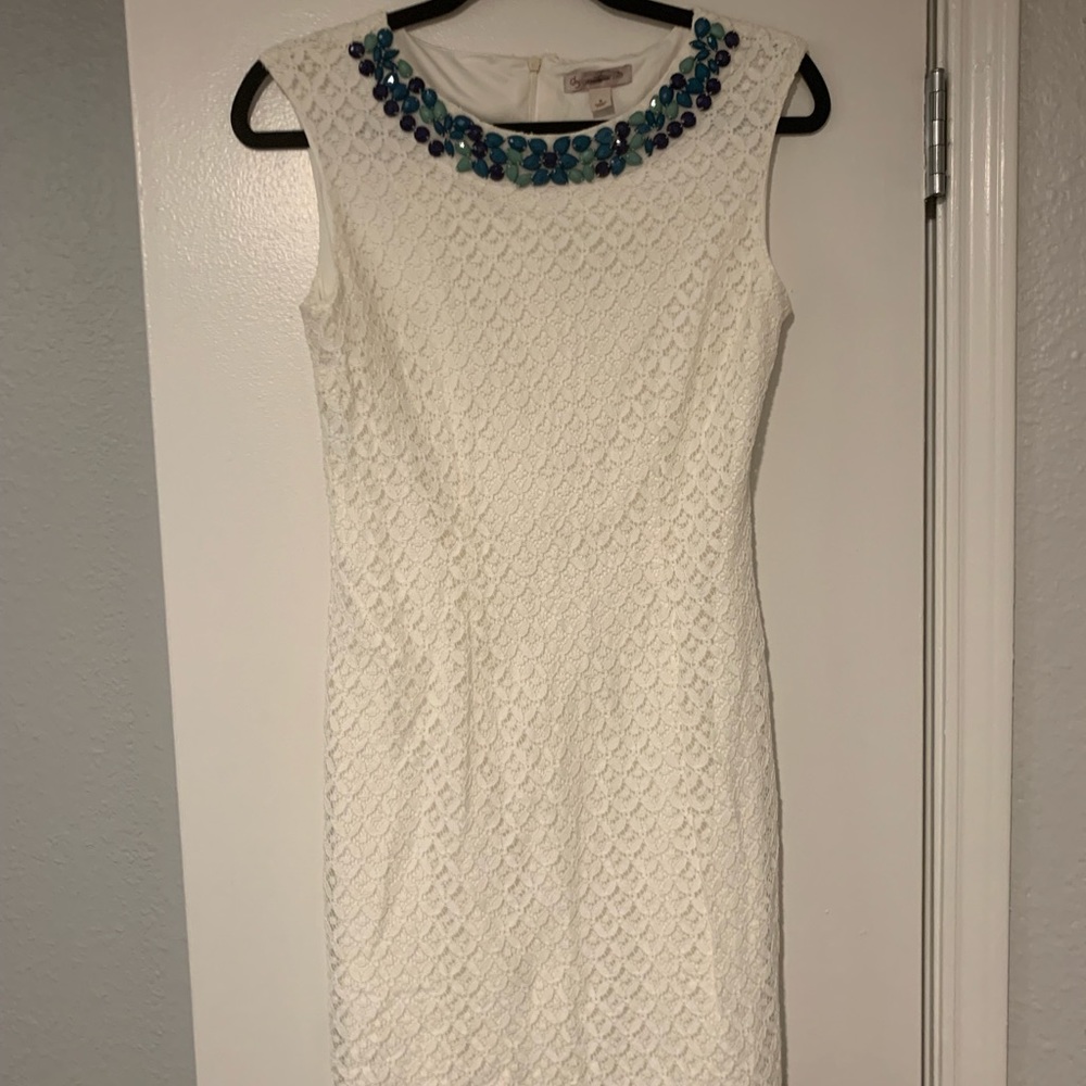 White lace dress with beaded neckline, size 6